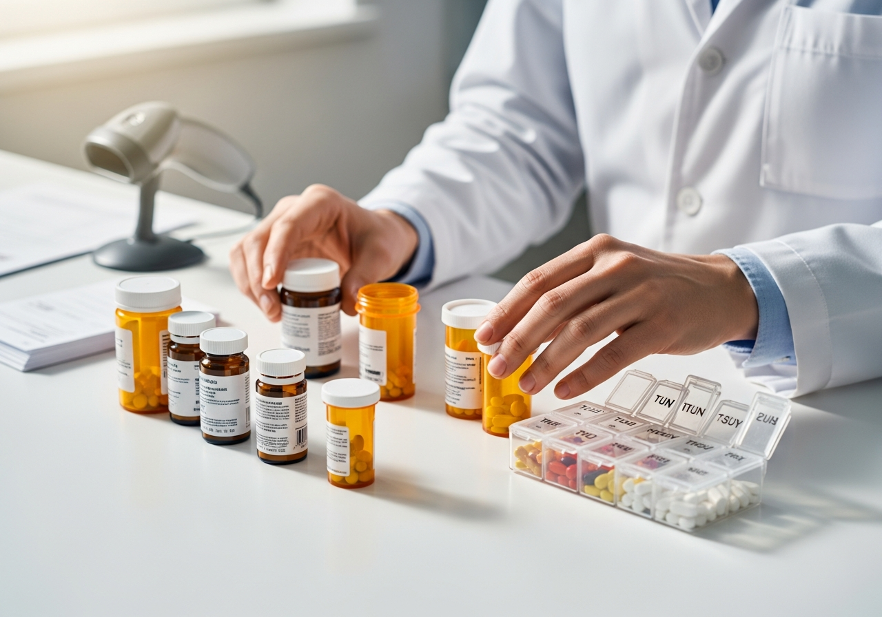 Prescription bottles and a pill organizer arranged neatly on a pharmacy counter